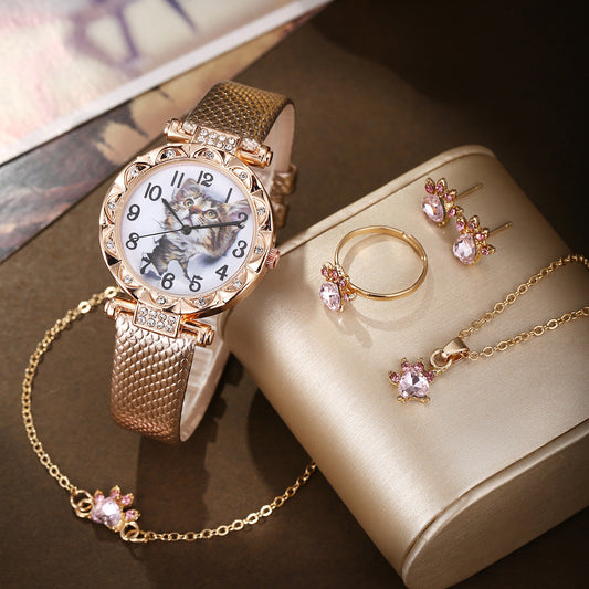 Snake Belt Quartz Wrist Watch Cat Claw Jewelry Set