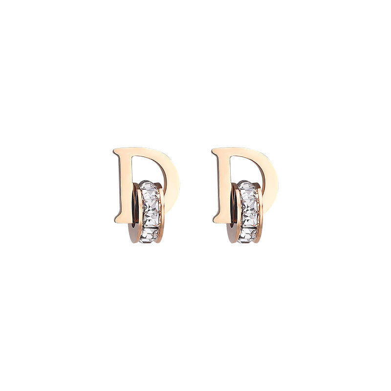 Women's Titanium Steel Letter D Rhinestone Stud Earrings