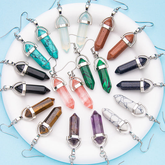 Brincos de aço inoxidável com pingente de coluna hexagonal de cristal 