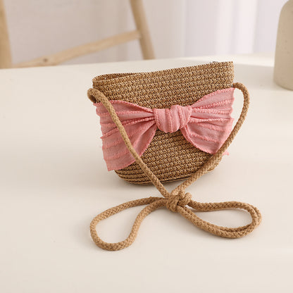 Conjunto de sombrero de paja con lazo para niños, bolsa de viaje con protección solar para la familia, primavera y verano 