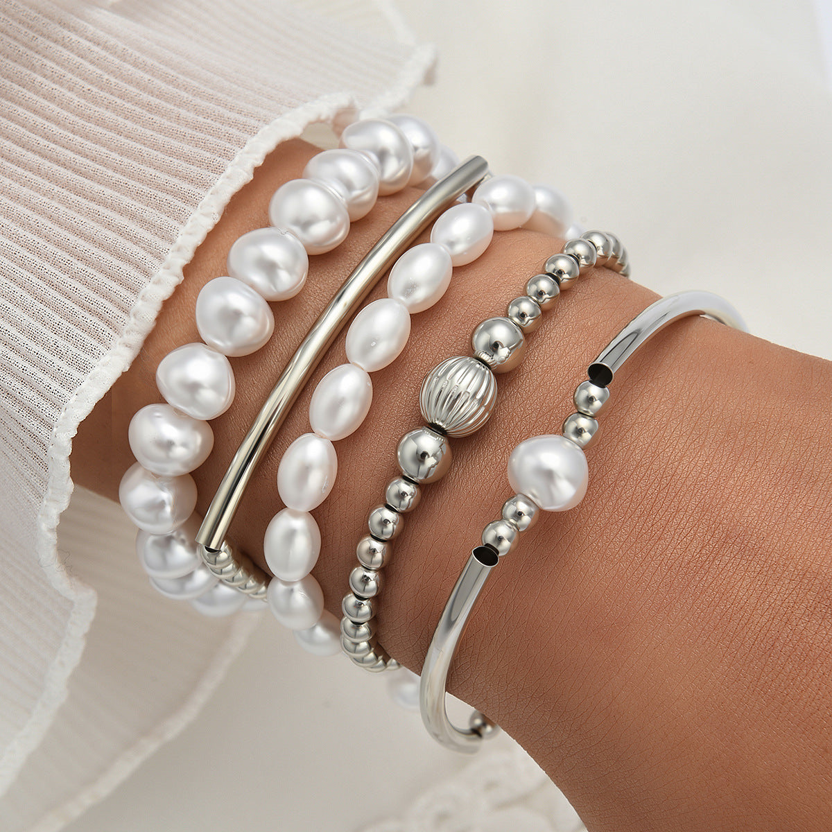 Elastic Pearl & CCB Bracelet Set (5-piece)