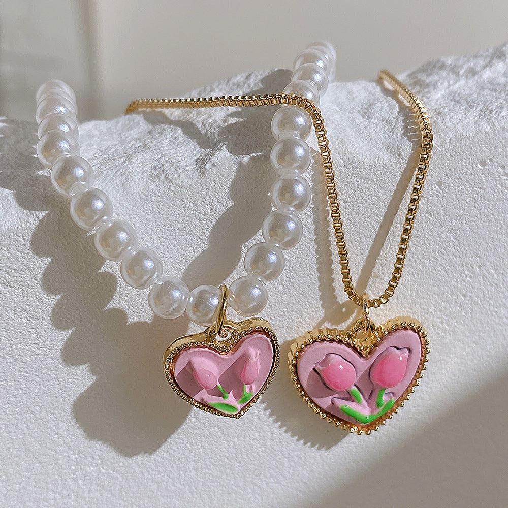 Double Tulip Heart Pendant Necklace
