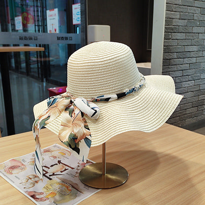 Wavy Edge Bow Straw Hat Summer Large Brim UV Protection
