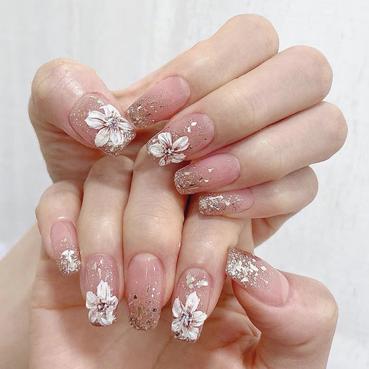 Vintage Camellia Glitter Nails