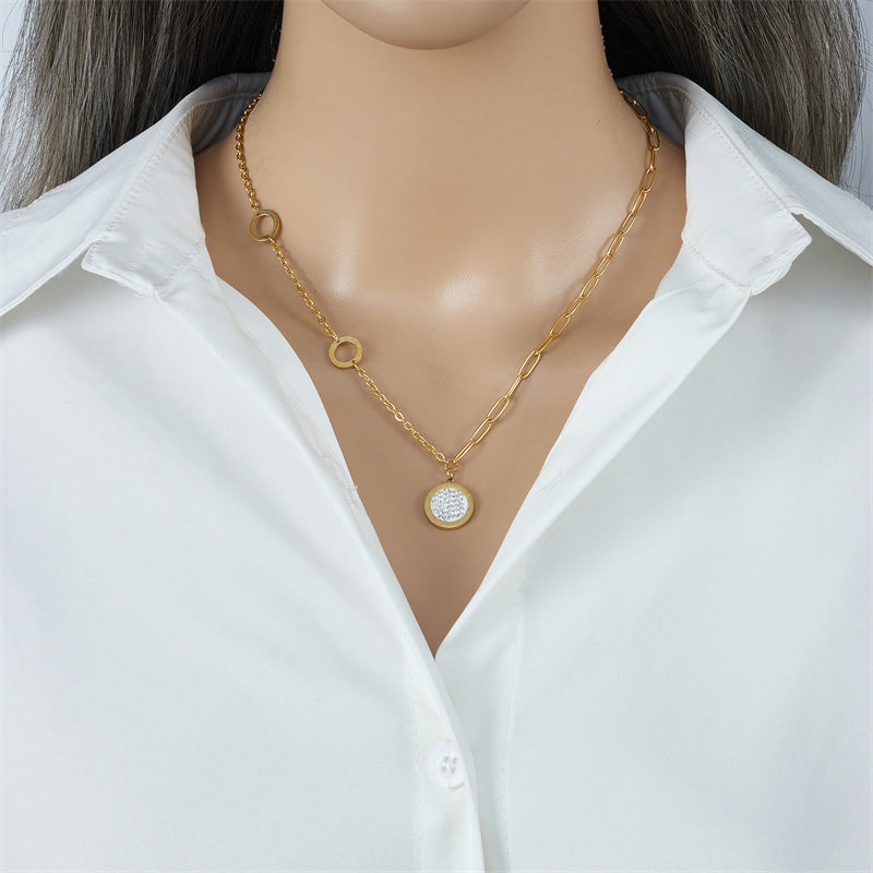 Women's 18K Gold-Plated Titanium Steel Roman Numeral Necklace with Diamond Accents