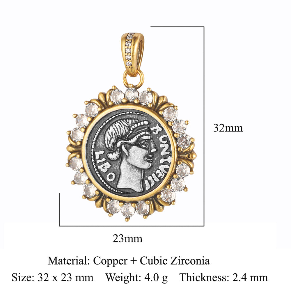 Copper zircon pendant ancient silver coin DIY accessories