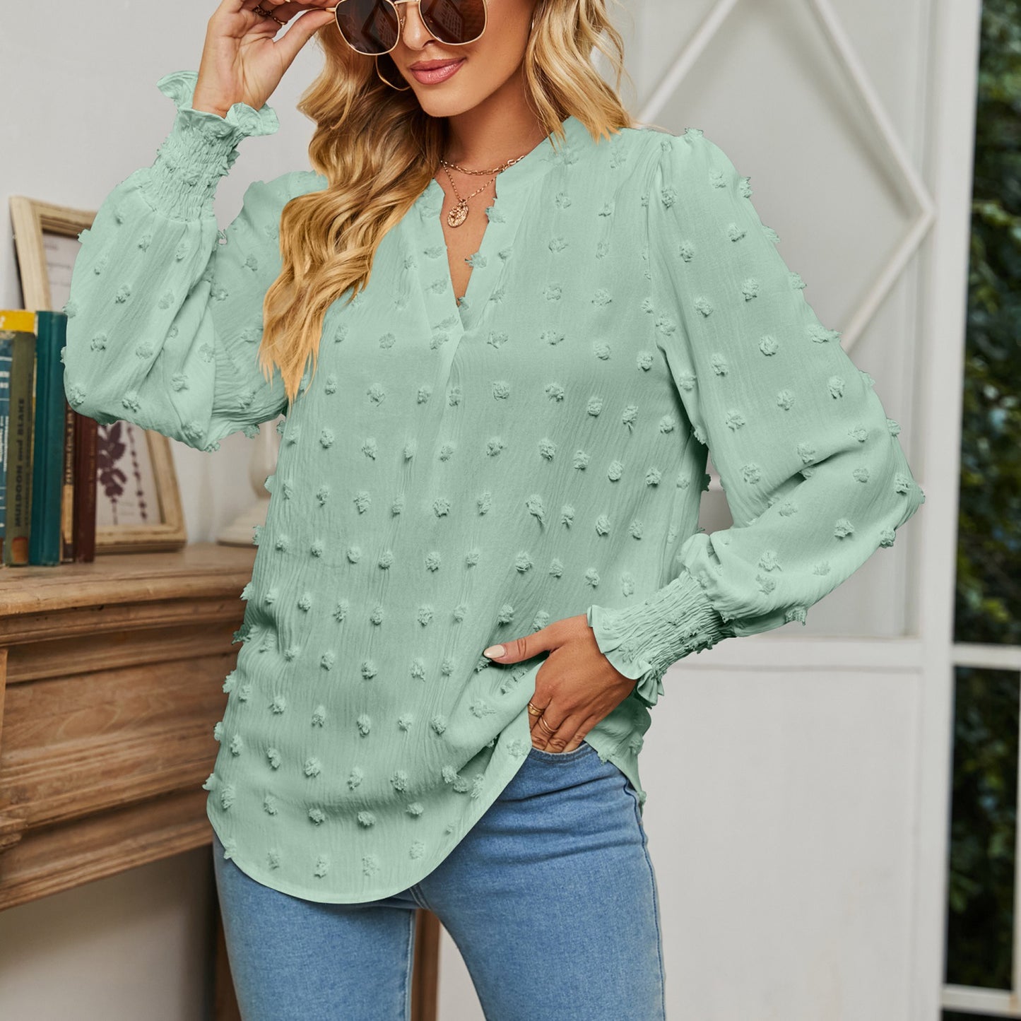 Polka Dot Long Sleeve Bubble Sleeve V-Neck Shirt