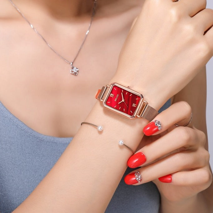 Reloj vintage pequeño cuadrado para mujer con correa de malla de lujo 