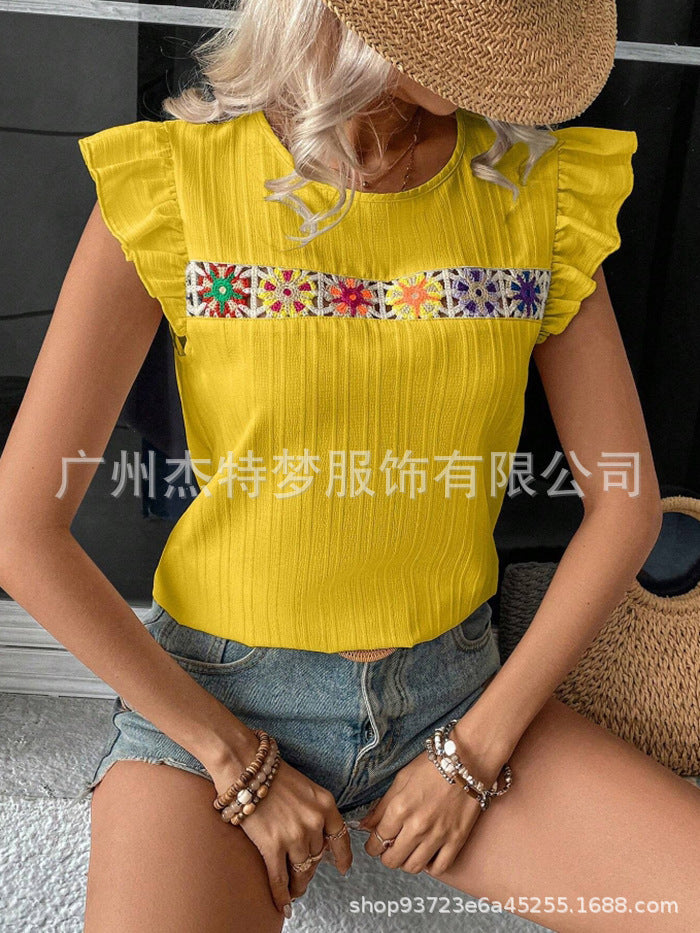 Hollow Lace Short Sleeve Shirt Top