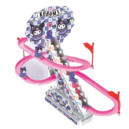 Sanrio-pista deslizante eléctrica para subir escaleras, juguete con sonido y luz, coche de pista eléctrico educativo Kuromi para niños 