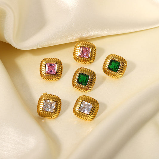 Square button colored zircon earrings