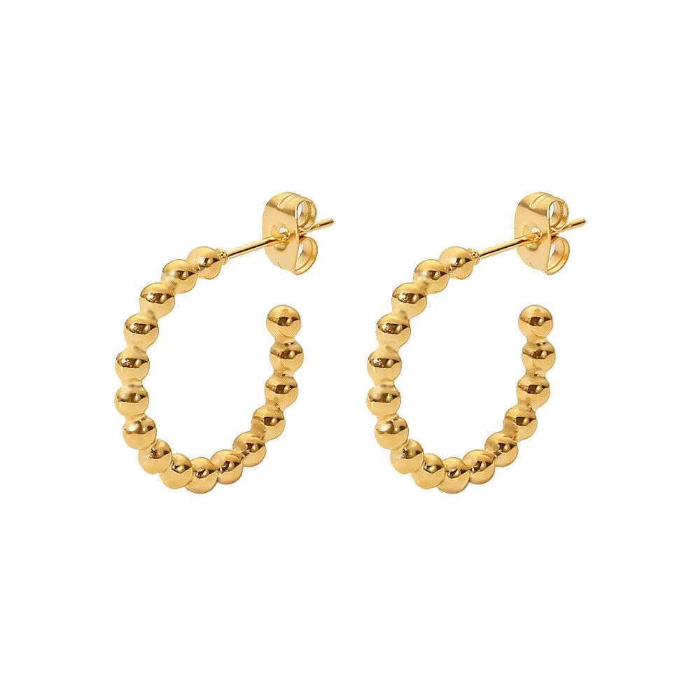 Gold round bead C-shaped earrings