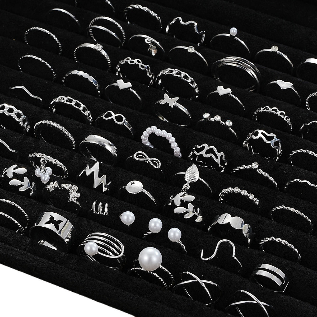 Silver Leaf Heart Pearl Ring Set