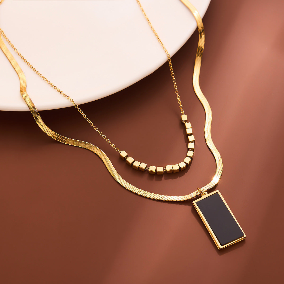 Women's Black Geometric Double-Layer Titanium Steel Choker