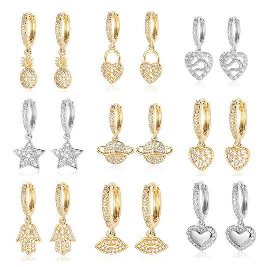 Copper zircon earrings pentagram love coconut tree ear buckles