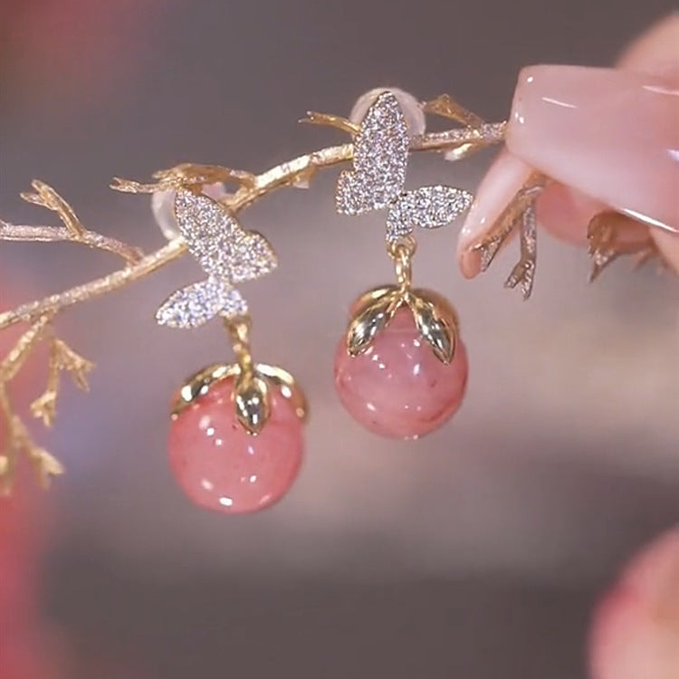 Butterfly Love Flower Pink Opal Earrings