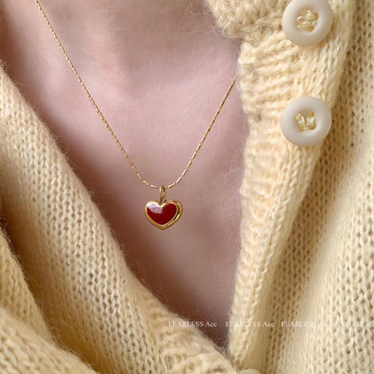 Collar con colgante de esmalte de corazón rojo, elegante cadena de acero de titanio 