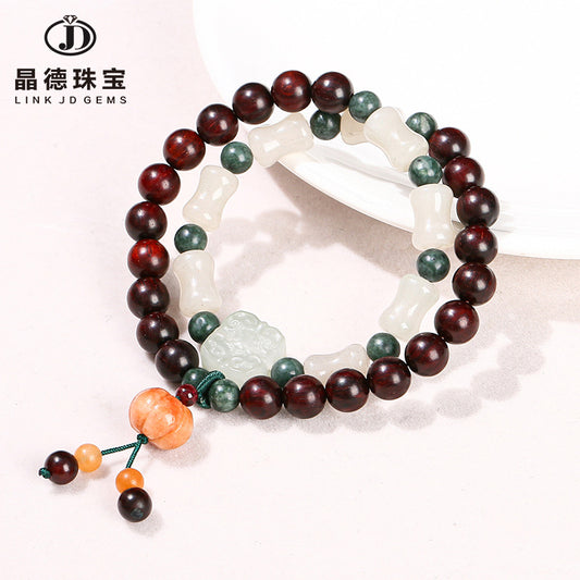 Pulsera de doble anillo con cuentas de bambú y jade de madera de rama agria 