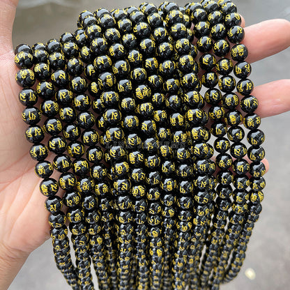 bronzing natural black agate six-character mantra round beads loose beads