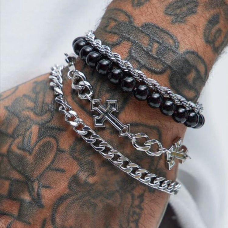 Men's Stainless Steel Beaded Cross Bracelet Set