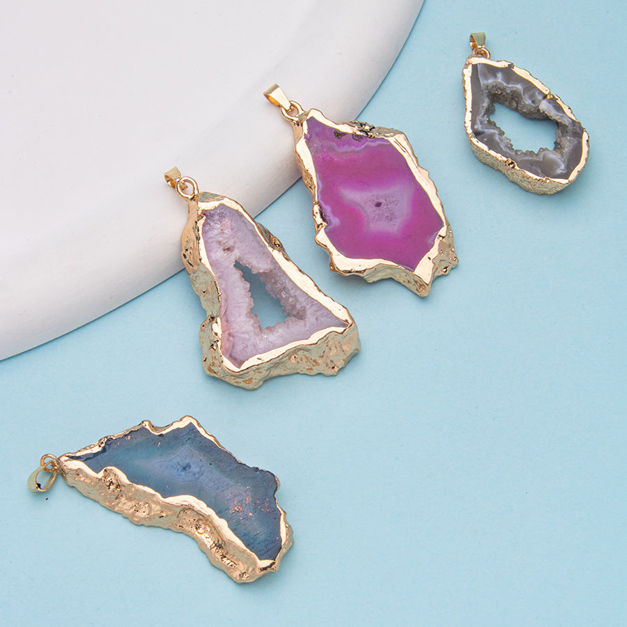 Crystal agate geode electroplated gold edge pendant
