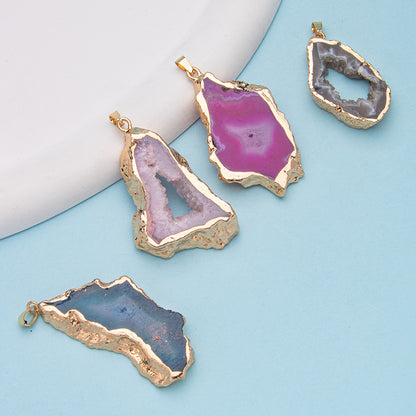 Crystal agate geode electroplated gold edge pendant