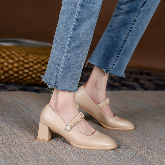 Square head shallow mouth high heel single shoes women