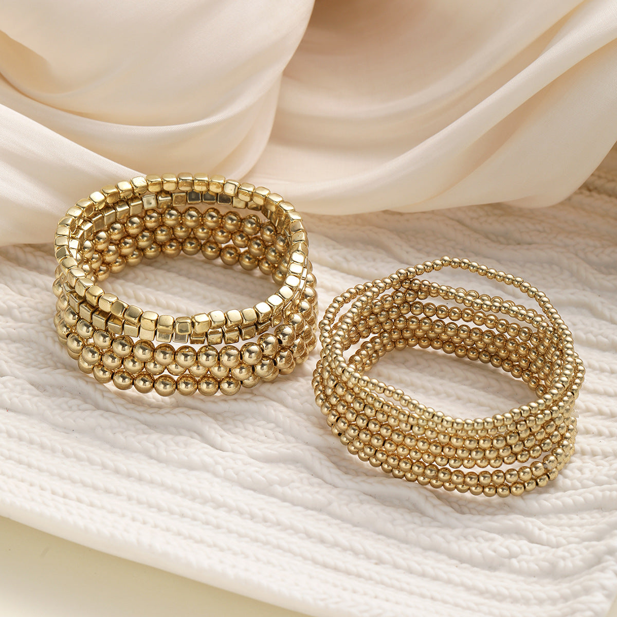 Gold Square & Round Bead Bracelet Set (12-Piece)