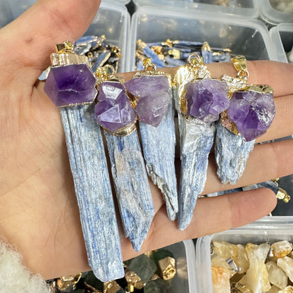 Blue Quartz Bar Inlaid Amethyst Black Diamond Pendant