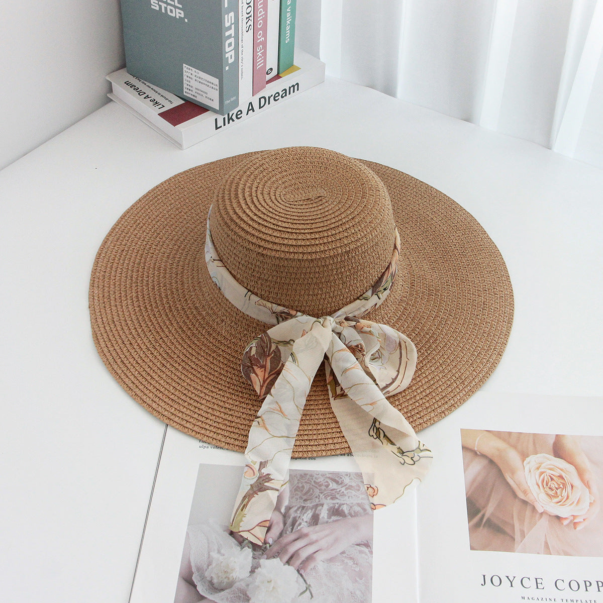 Beach Straw Hat Wide-Brim UV Protection Foldable with Bow