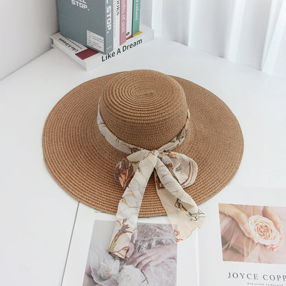 Beach Straw Hat Wide-Brim UV Protection Foldable with Bow