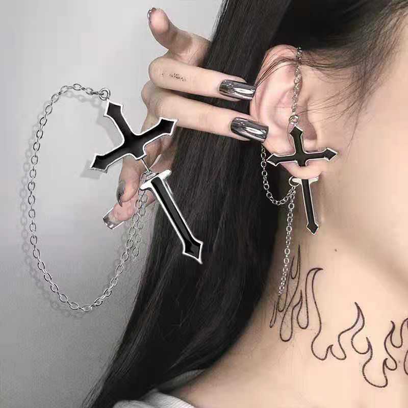 Exaggerated cross chain puncture stud earrings