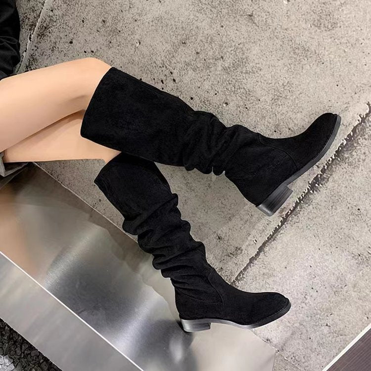 Thick-heeled pleated high boots