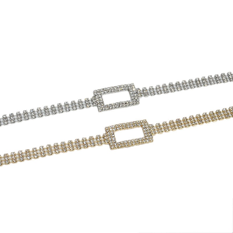 Rhinestone inlaid rectangular buckle waist chain