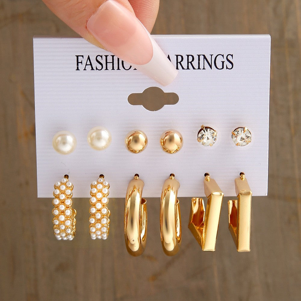 Retro Geometric Pearl 6-Piece Earring Set