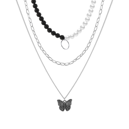 Butterfly Pendant Multi-layer Necklace Black and White Beads