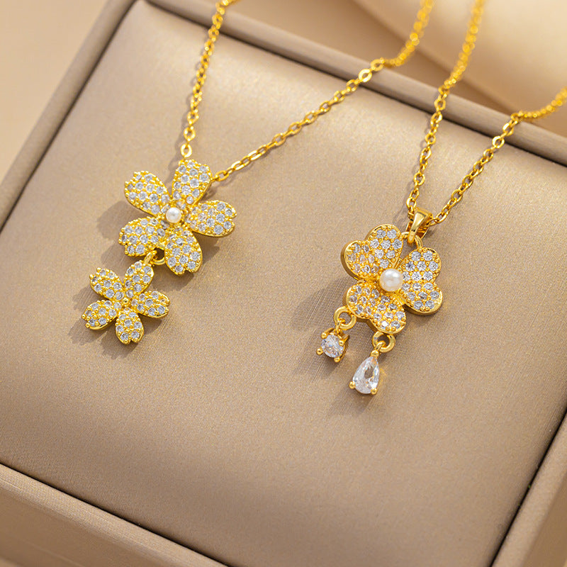 Chic Pearl Fringe Stainless Steel Necklace with Zircon Pendant