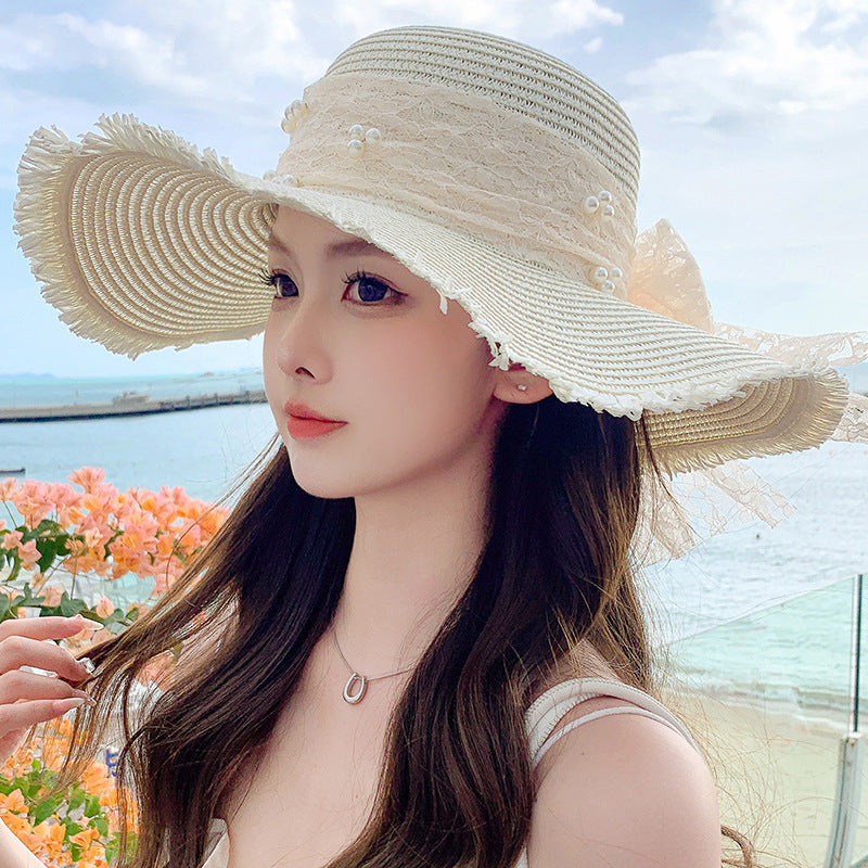 Wave-Edge Bow Wide-Brim Hat