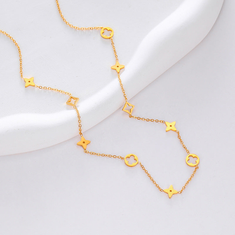 Elegante colar oco de aço titânio com trevo de quatro folhas 