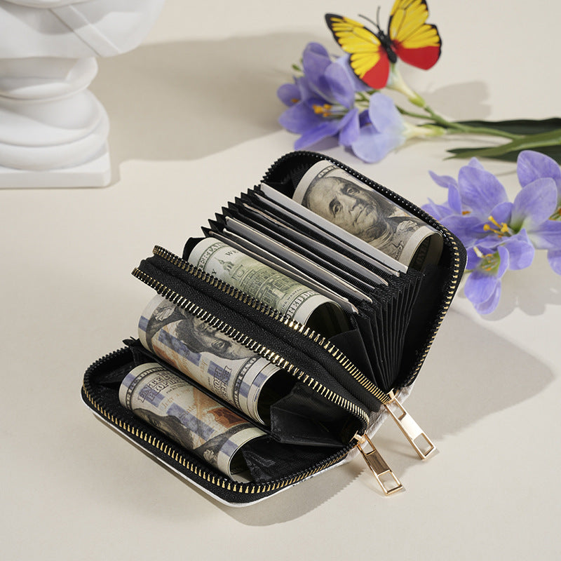 Simple butterfly print double zipper wallet
