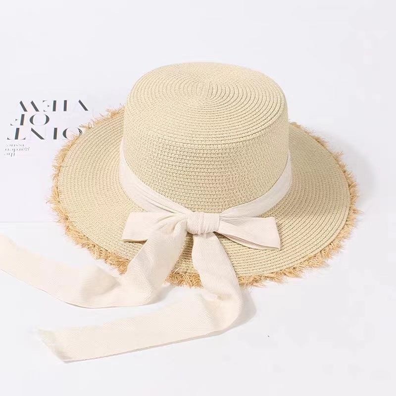 Summer Raffia Hat French Flat Top Beach Sun Protection