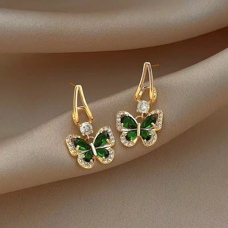 French Vintage Green Zirconium Butterfly Earrings