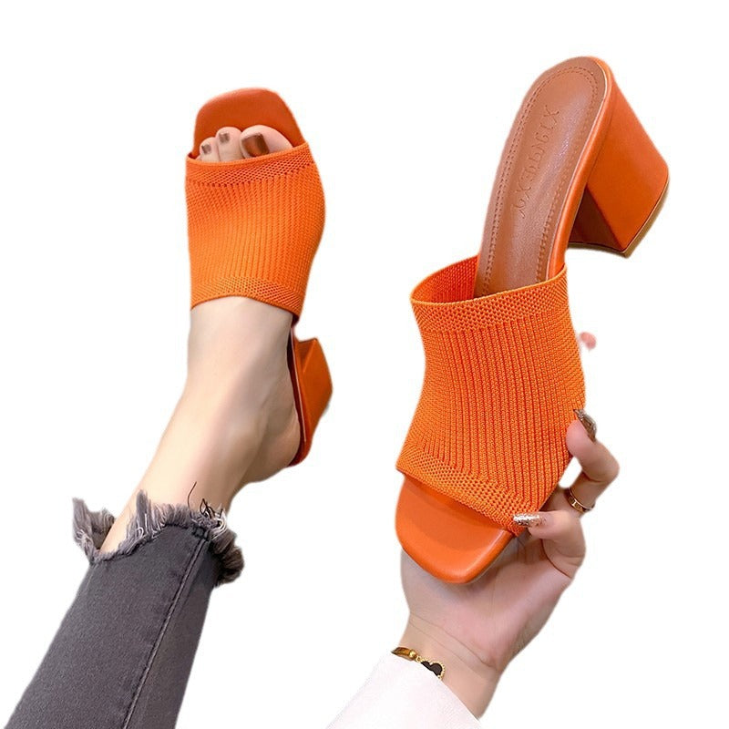 One-word thick heel knitted wool high heels