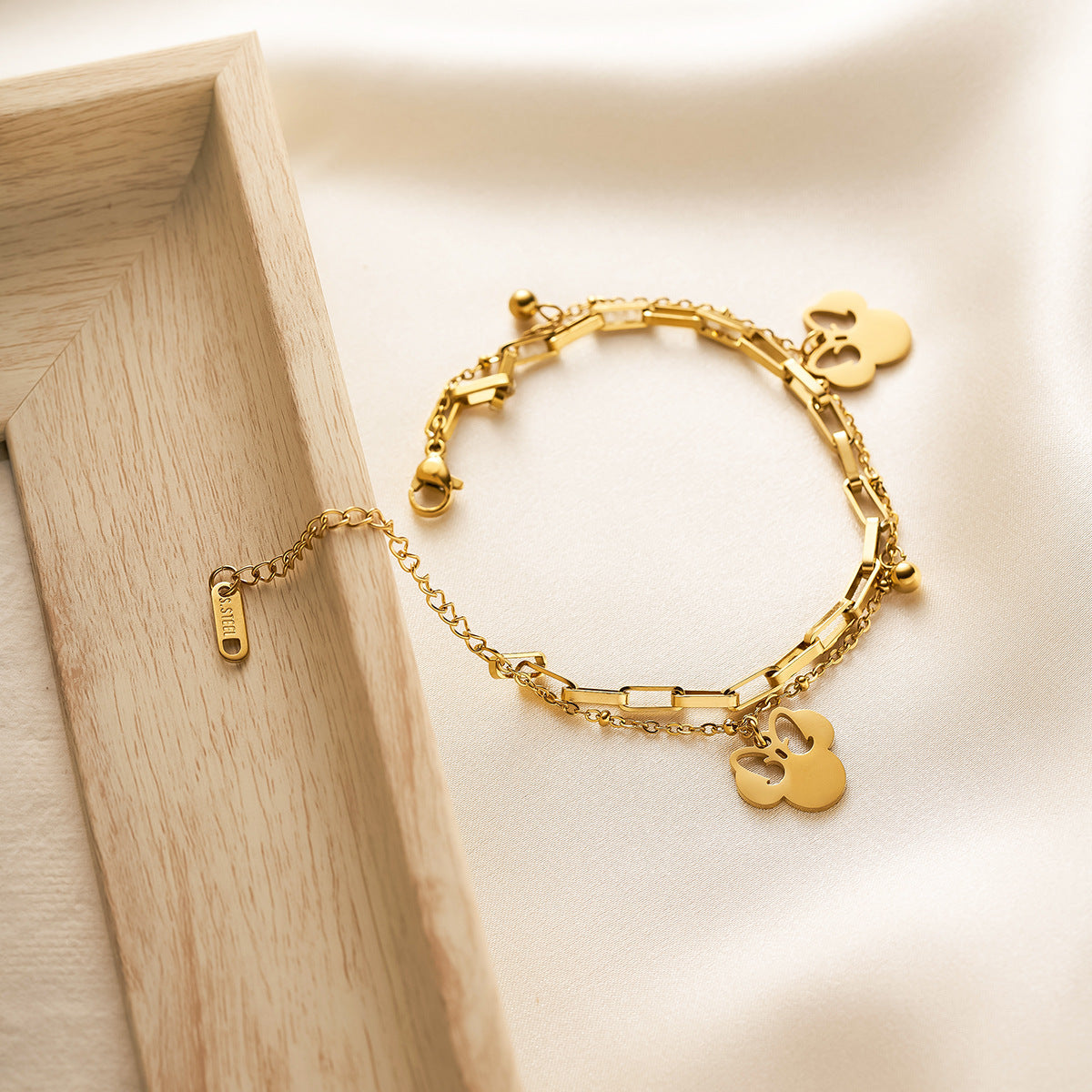 Women's Double-Layer Titanium Steel Hollow Butterfly Bracelet with Mickey Pendant — Non-Fading