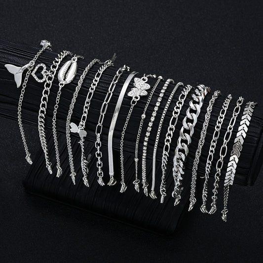 Juego de 17 tobilleras de mariposa plateadas 