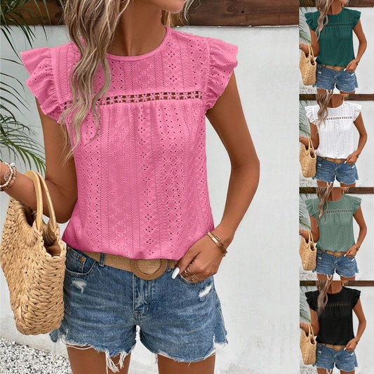 Solid color lotus leaf short-sleeved top