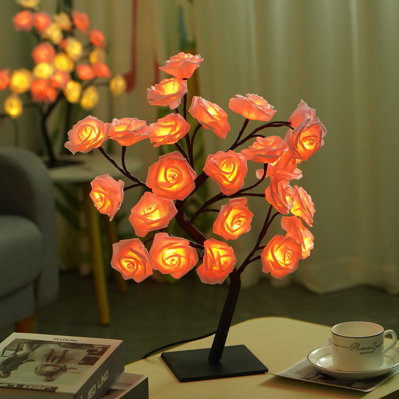 Luz nocturna de decoración de lámpara de árbol de rosas de simulación LED con interruptor USB 