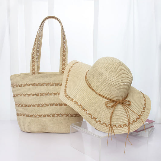 Straw Hat and Tote Set Summer Beach Sun Protection Hat Simple Sun Hat