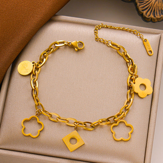 Pulseira em Aço Titânio - Estilo INS, Flor de Cinco Pétalas 