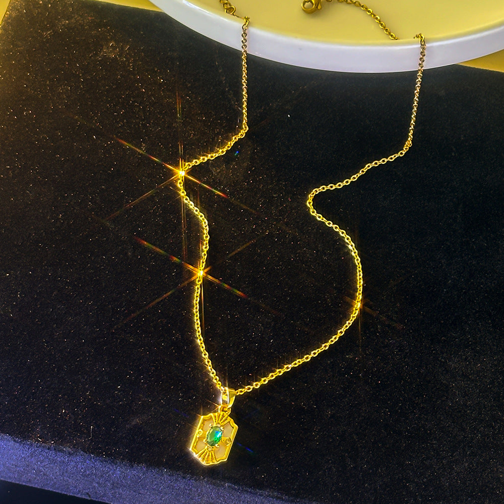 Women's Green Square White Shell Titanium-Steel Collarbone Necklace